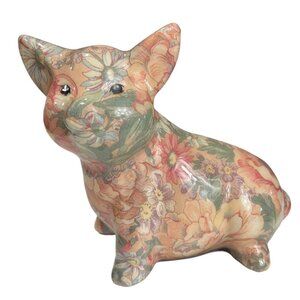Green Multicolor Floral Country Pig Figure Ornament Ceramic Felt Base 7 in w